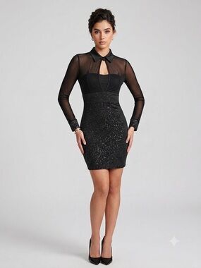 Y2K ChicMe Black Long-Sleeve Sheer-Top‎ Open Front Mini Dress Sz L